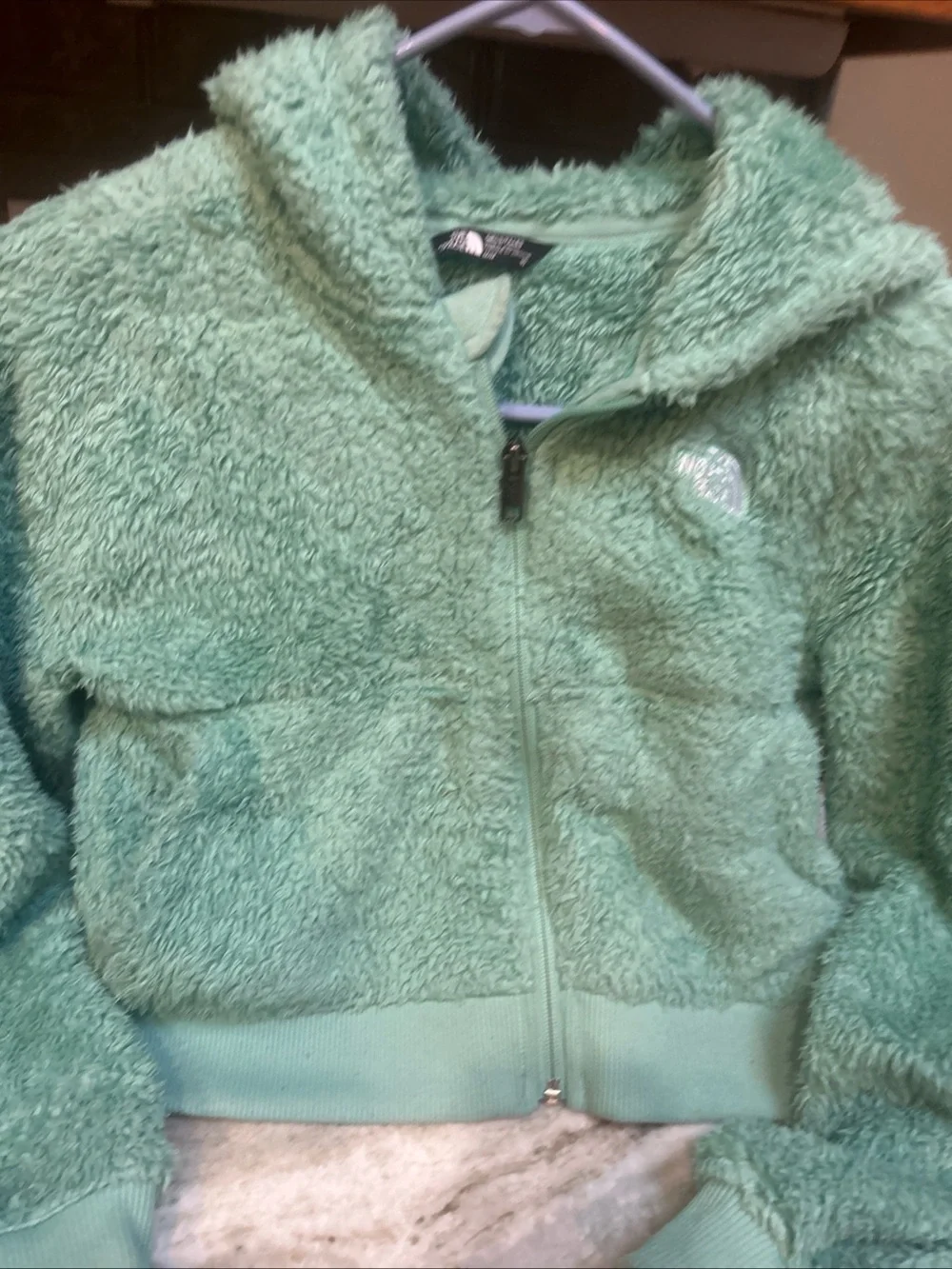 North Face Girls M  Osito  Zip Fuzzy Hoodie Sea Green 10/12 Jacket Soft Fluffy